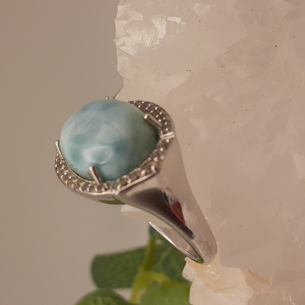 925 Genuine Larimar And White Topaz Ring. - Picture 3 of 7
